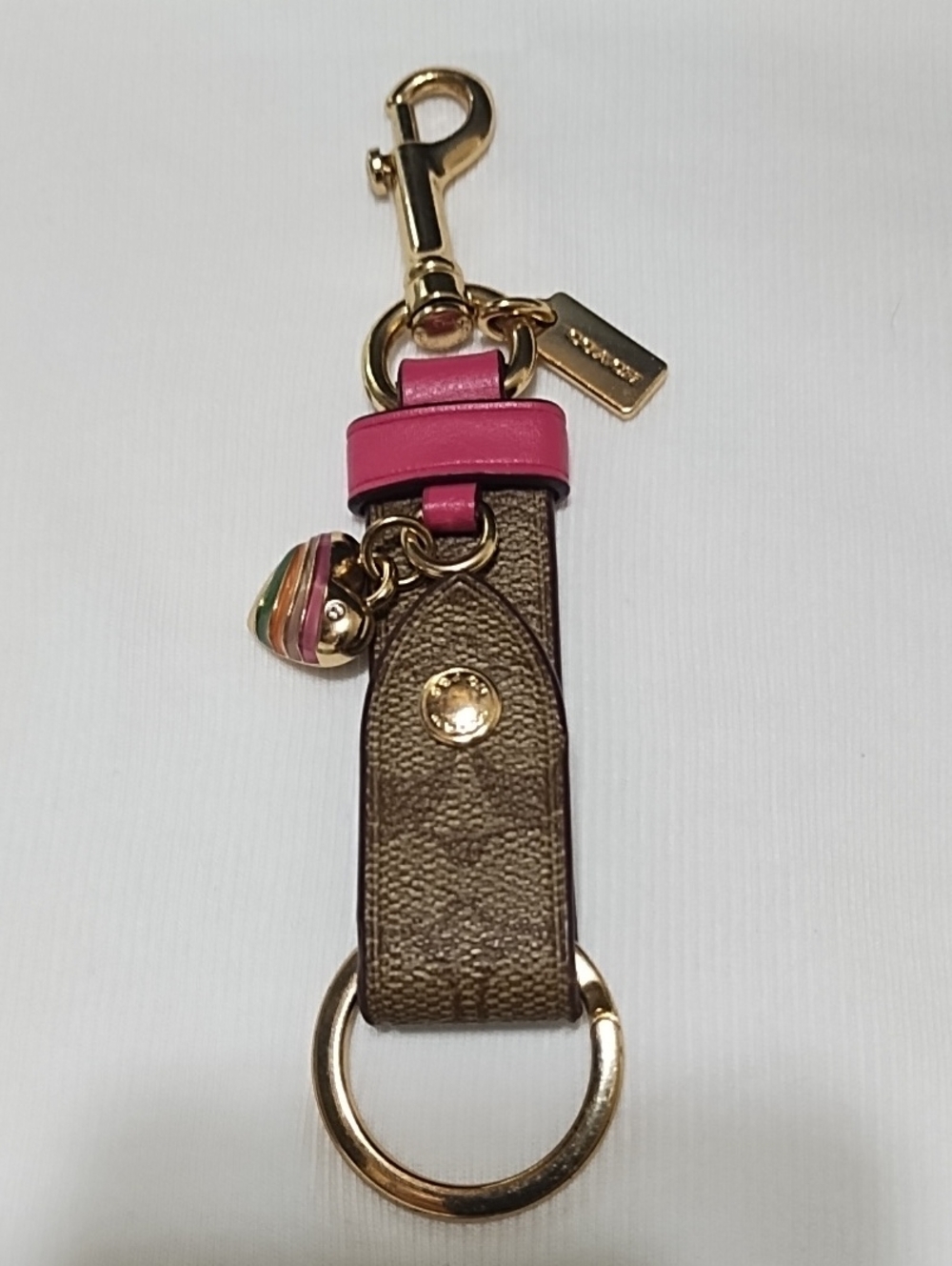 Coach Brown Signature Canvas Key Holder with Pink Leather Trim and Gold Hardware